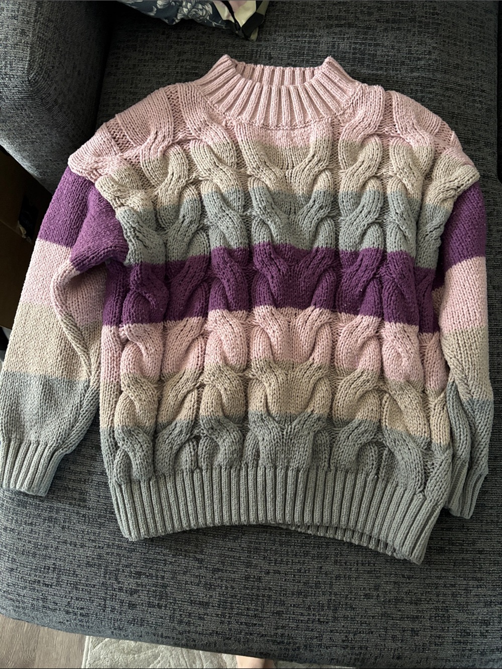 Striped Cable Turtleneck Sweater in Pink, Purple & Gray